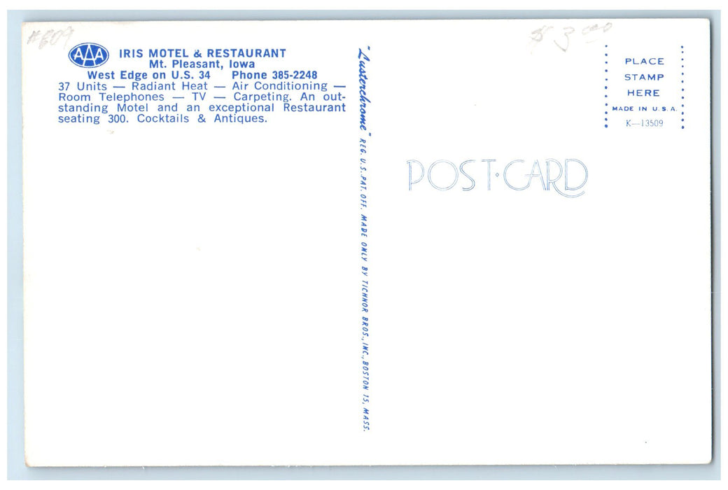 c1960s Iris Motel And Restaurant Exterior Roadside Mt. Pleasant Iowa IA Postcard