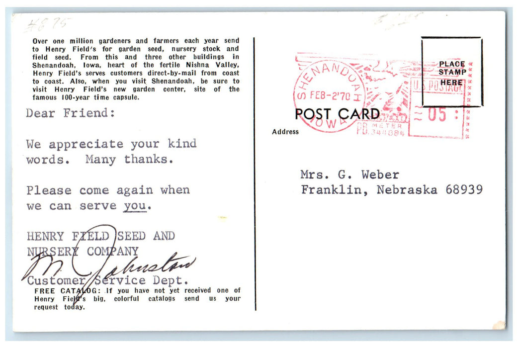 1970 Henry's Field's No. 1 Building Exterior Shenandoah Iowa IA Cars Postcard