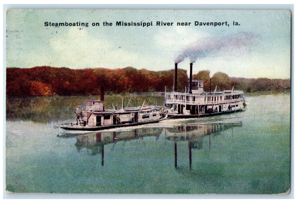 1911 Steamboating On The Mississippi River Near Davenport Iowa IA Ships Postcard