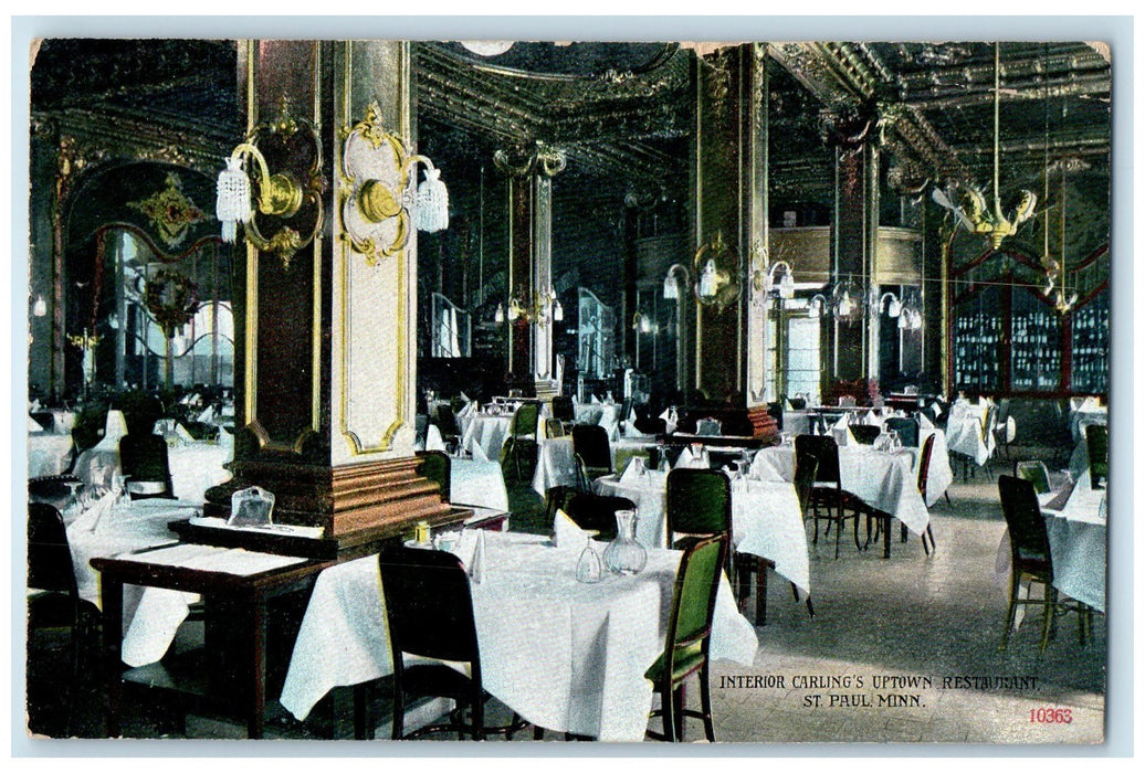 1910 Interior Carling's Uptown Restaurant St. Paul MN Posted Tables Postcard