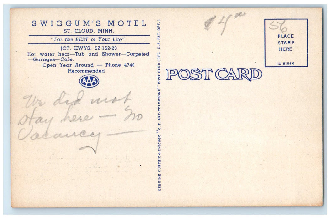 c1940s Swiggums Motel Exterior Roadside St. Cloud Minnesota MN Unposted Postcard