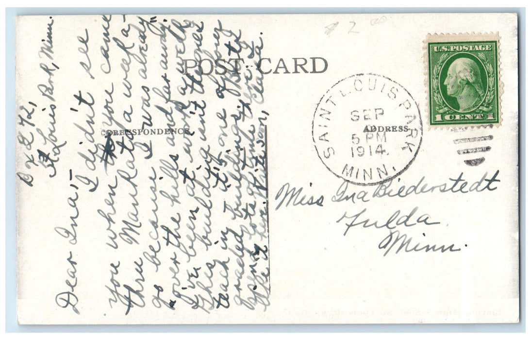 1914 Lincoln Graded School St. Louis Park Minnesota MN Posted Vintage Postcard