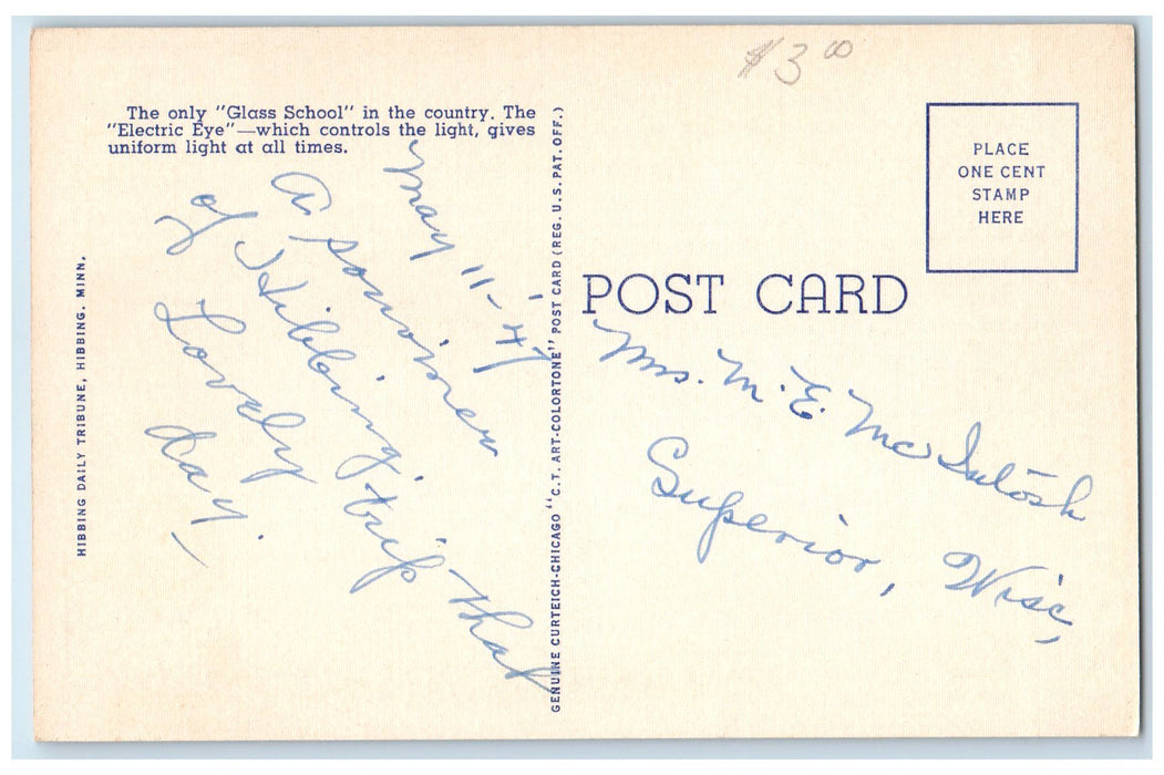c1940s Hibbing Glass School Exterior Hibbing Minnesota MN Unposted Postcard