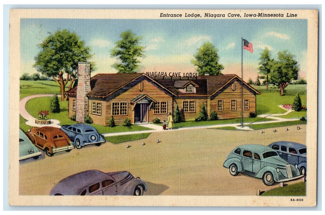 c1940's Entrance Lodge Niagara Cave Exterior Iowa-Minnesota Line Cars  Postcard