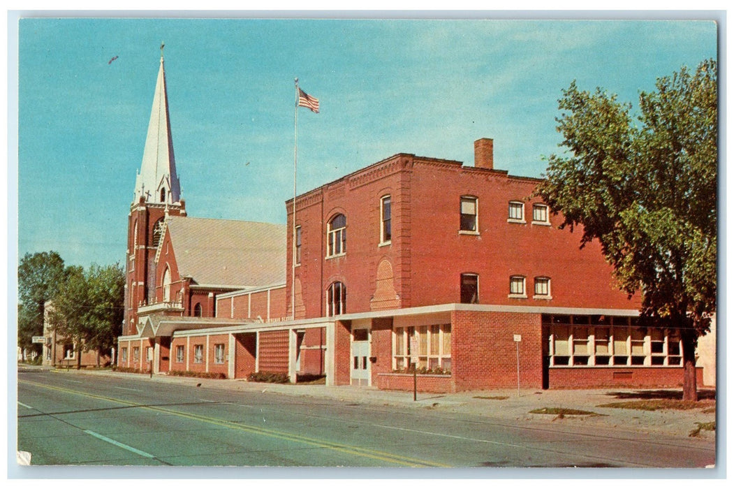 c1940's Trinity Lutheran Church And School Faribault Minnesota MN Flag Postcard