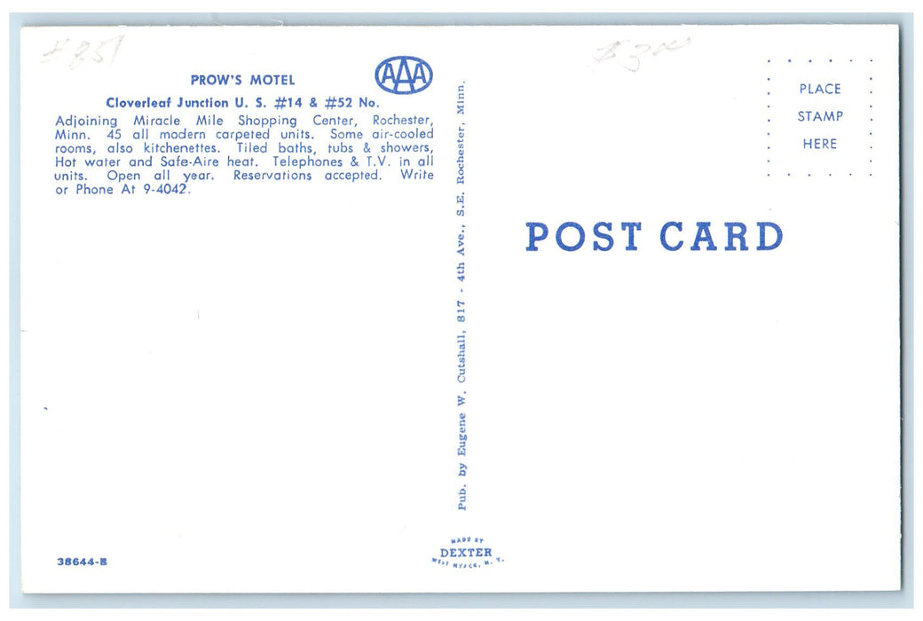 c1960's Prow's Motel Exterior Roadside Rochester Minnesota MN Unposted  Postcard