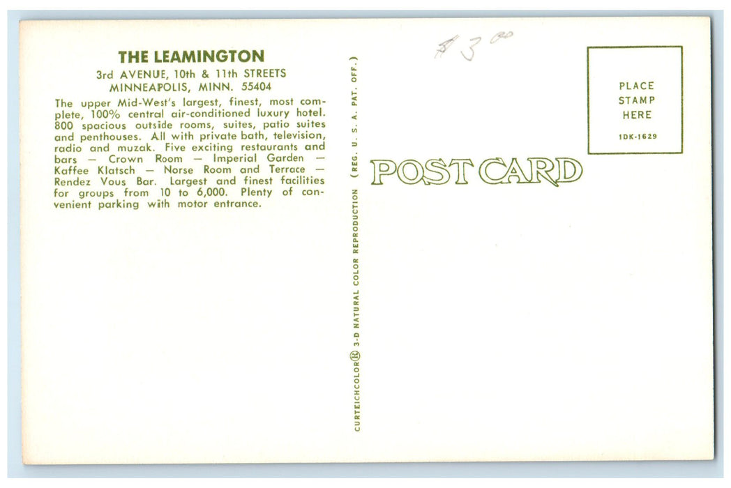 c1940's The Leamington Exterior Minneapolis Minnesota MN Unposted Cars Postcard