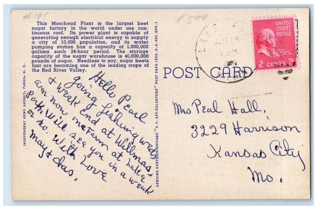 1957 American Crystal Sugar Company Scene Moorhead Minnesota MN Posted Postcard