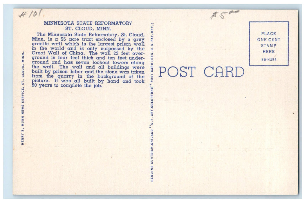 c1940's Minnesota State Reformatory St. Cloud Minnesota MN Unposted Postcard