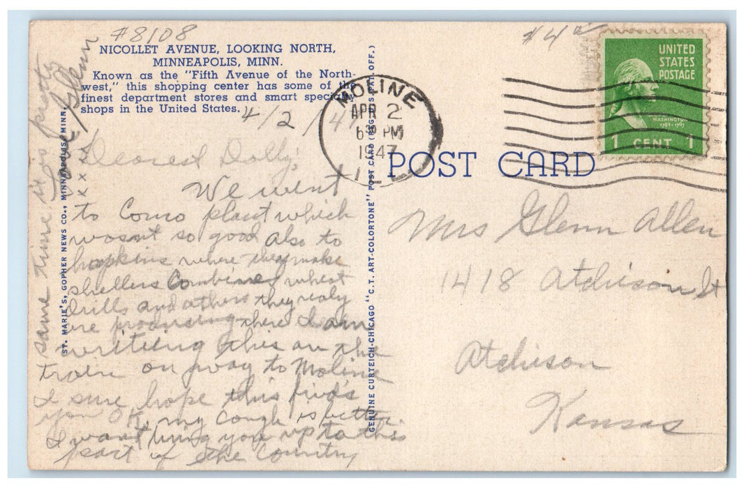 1943 Nicollet Avenue Looking North Minneapolis Minnesota MN Posted Flag Postcard