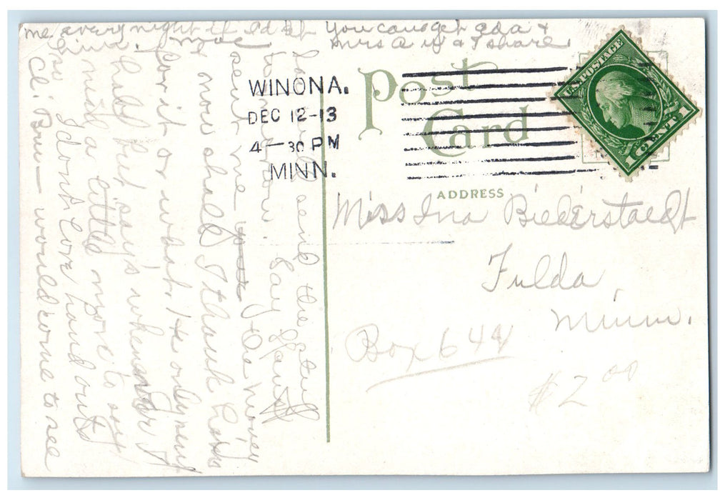 1913 Public Library Exterior Roadside Winona Minnesota MN Posted Sunset Postcard
