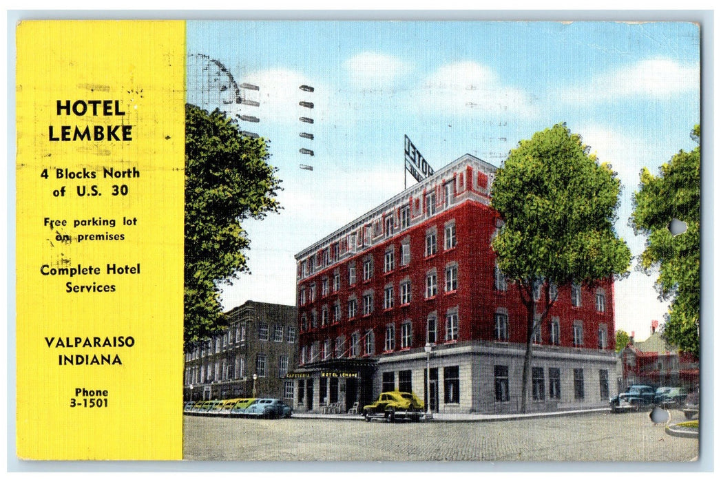 1953 Hotel Lembke Exterior Roadside Valparaiso Indiana IN Posted Trees Postcard