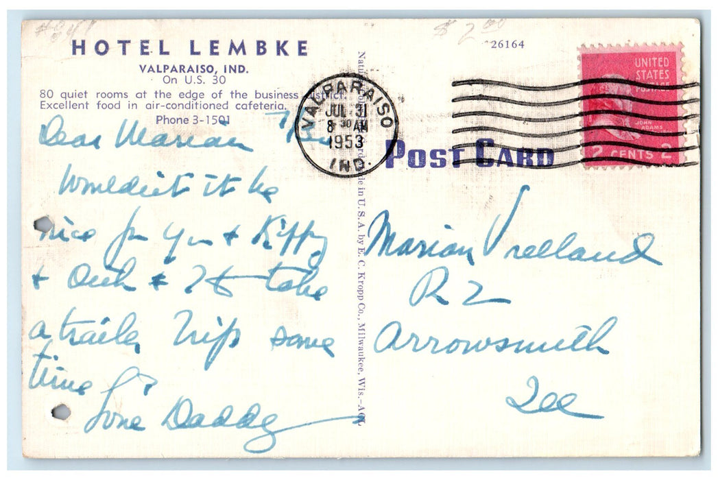 1953 Hotel Lembke Exterior Roadside Valparaiso Indiana IN Posted Trees Postcard