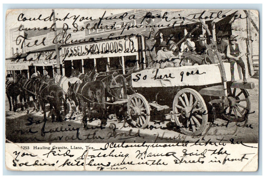 1910 Hauling Granite Workers On Horse Drawn Wagon Street Llano Texas TX Postcard