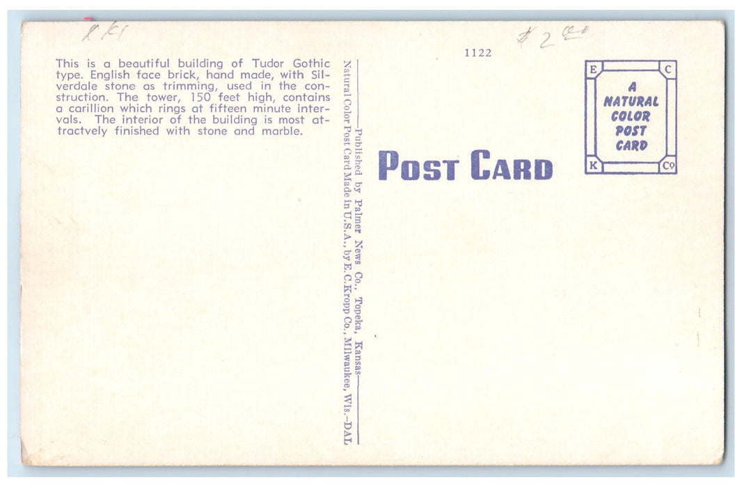 c1940's Topeka High School Exterior Roadside Topeka Kansas KS Unposted Postcard