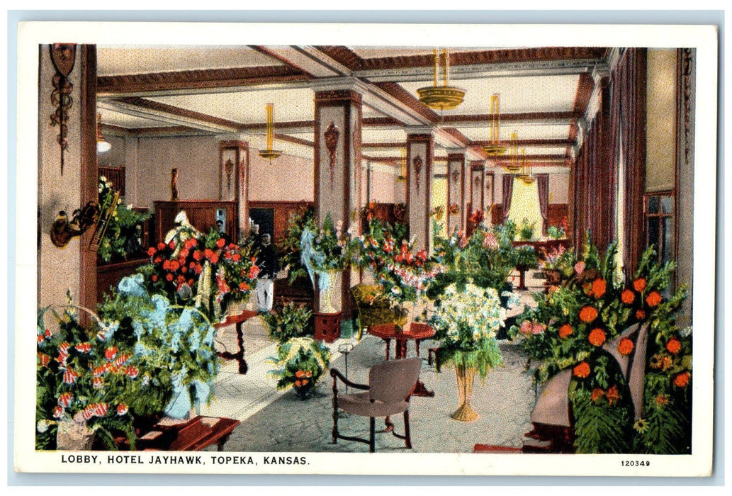 c1940's Hotel Jayhawk Lobby Interior Flowers Topeka Kansas KS Unposted Postcard