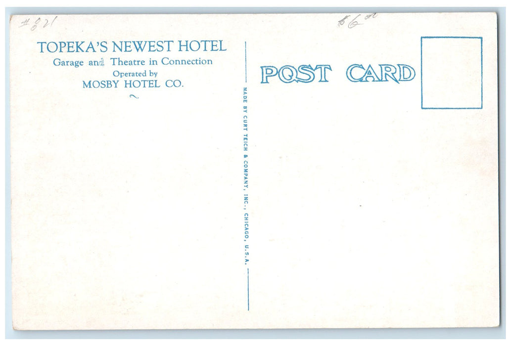c1940's Hotel Jayhawk Lobby Interior Flowers Topeka Kansas KS Unposted Postcard
