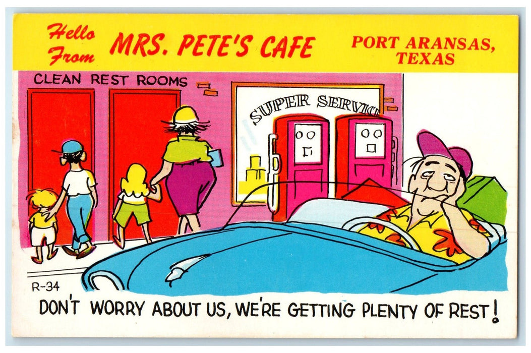 c1950 Hello From Mrs. Pete's Café Cartoons Comic Port Aransas Texas TX Postcard