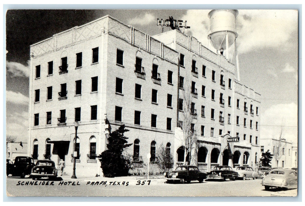 c1950's Schneider Hotel restaurant Building Classic Cars Pampa Texas TX Postcard