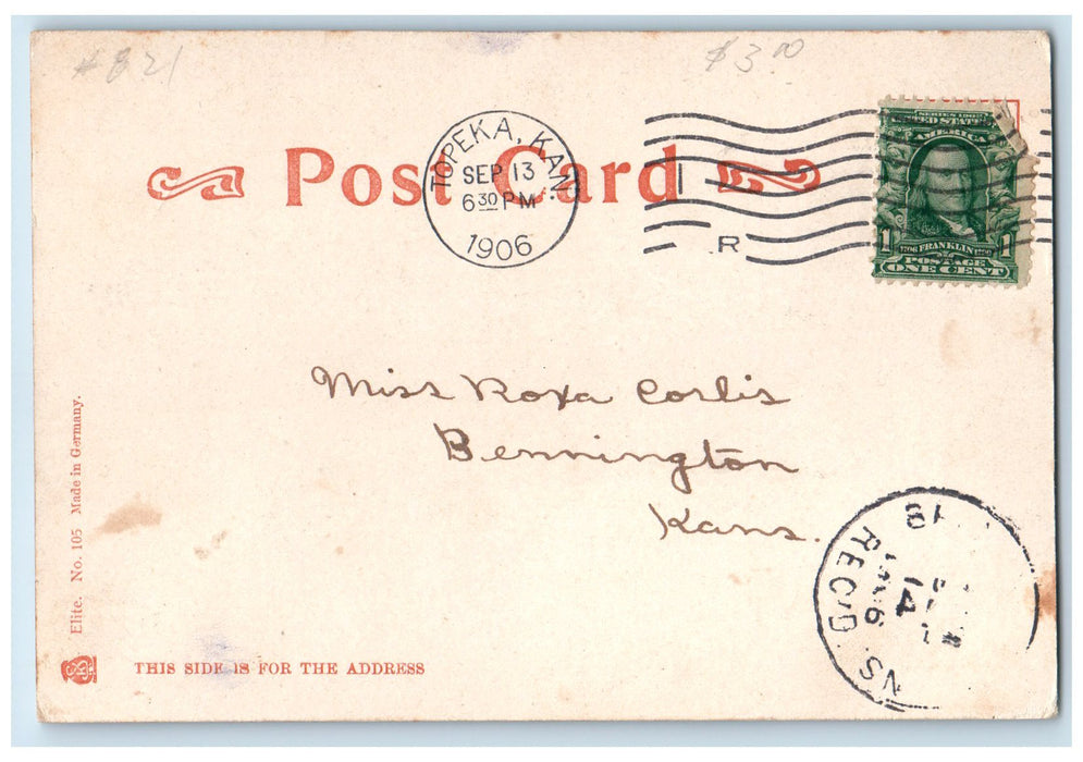 1906 Topeka High School Exterior Roadside Topeka Kansas KS Posted Trees Postcard