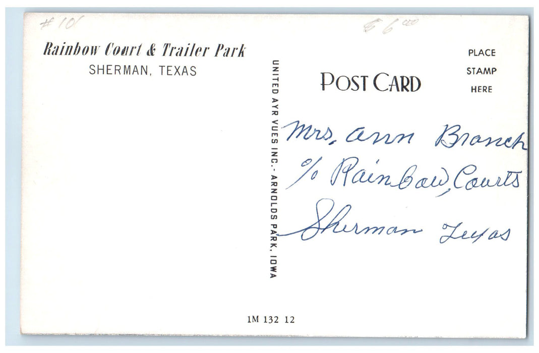 c1950's Rainbow Court & Trailer Park Aerial View Restaurant Sherman TX Postcard