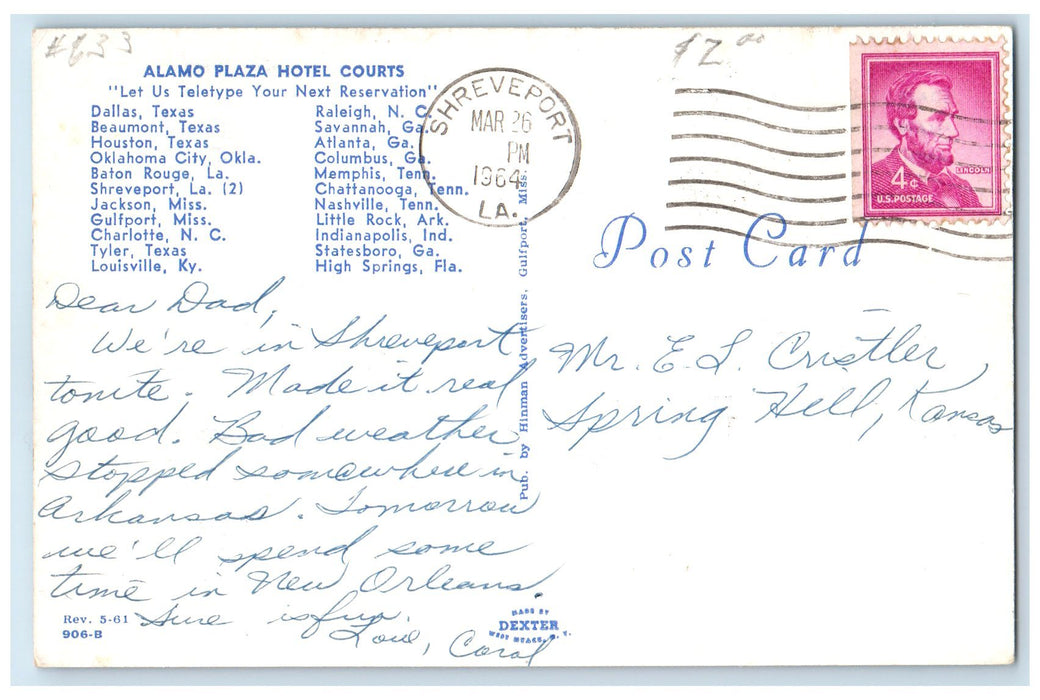 1964 Alamo Plaza Hotel Courts Exterior Shreveport Louisiana LA Posted Postcard