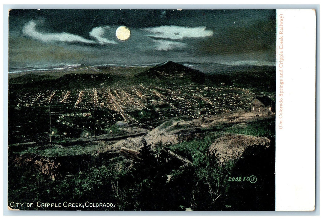c1920 Aerial View City Of Cripple Creek At Night Moonlight Colorado CO Postcard