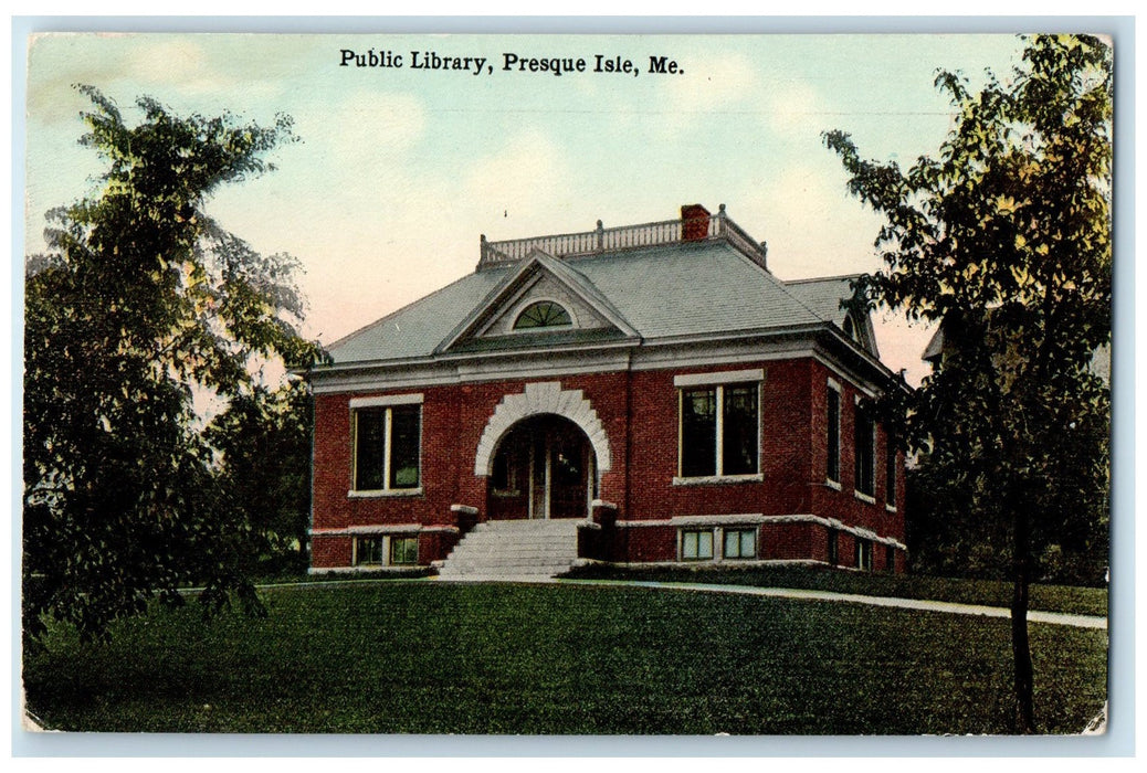 c1910's Public Library Building Entrance Presque Isle Maine ME Posted Postcard