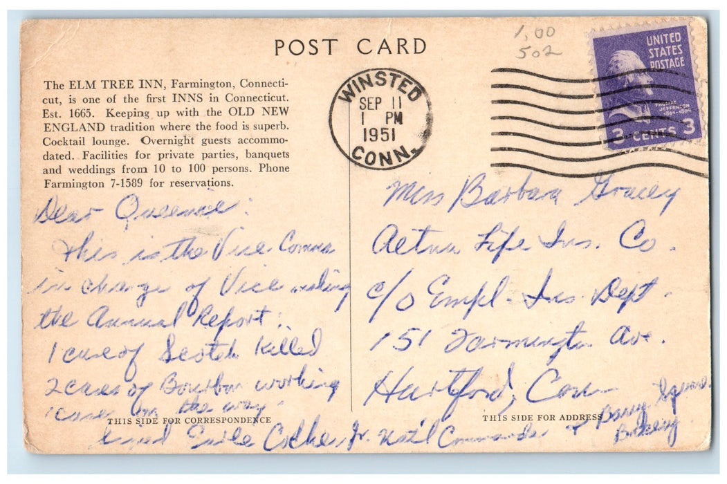 1951 The Elm Tree Inn Restaurant Hotel Farmington Connecticut CT Posted Postcard