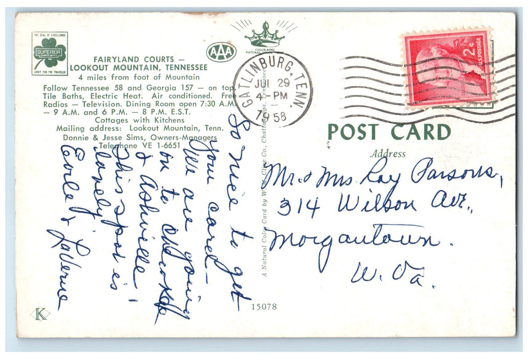 1958 Fairyland Courts Cottages Restaurant Lookout Mountain Tennessee TN Postcard