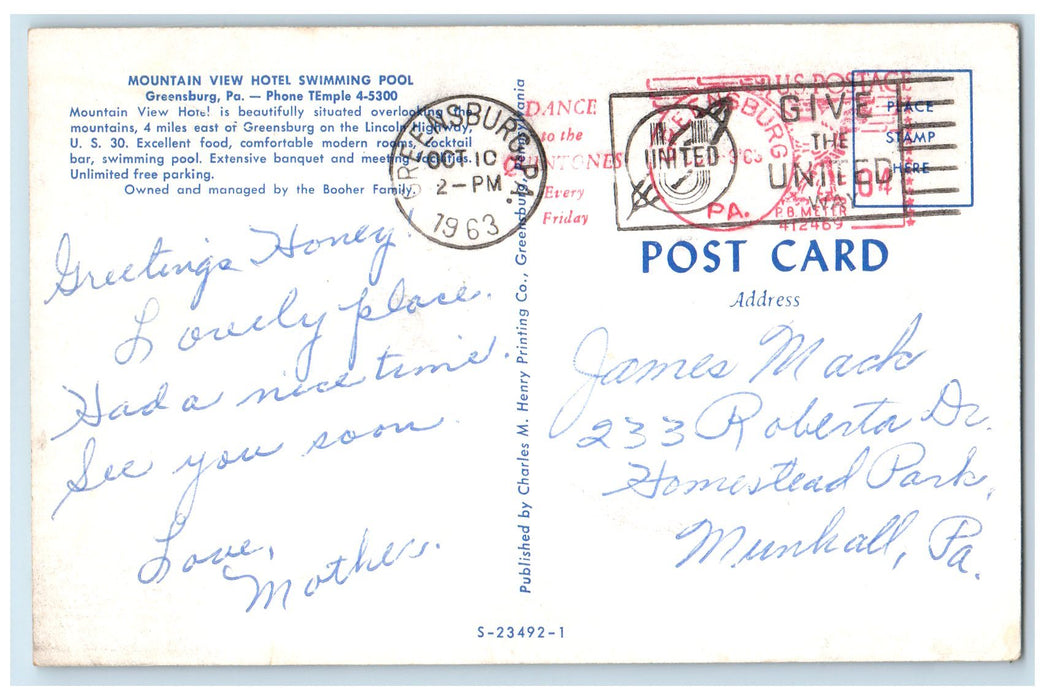 1963 Mountain View Hotel Swimming Pool Restaurant Greenburg PA Posted Postcard