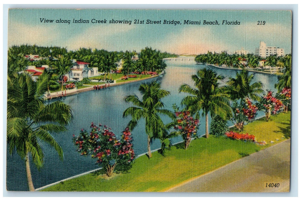c1940's View Along Indian Creek Street Bridge Miami Beach Florida FL Postcard