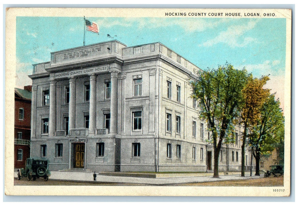 1934 Hocking County Court House Building Classic Car Flag Logan Ohio OH Postcard