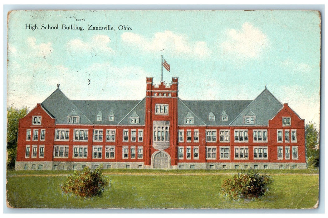 1910 High School Building Campus US Flag Ground View Zanesville Ohio OH Postcard