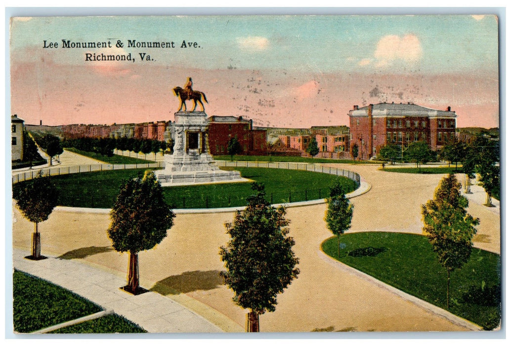 1914 Lee Monument & Monument Avenue Richmond Virginia VA Posted Trees Postcard