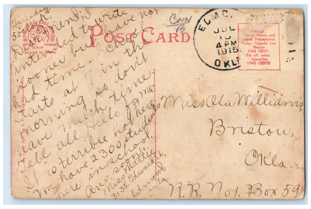 1915 West Side Public School Building Exterior Edmond Oklahoma OK Cloud Postcard