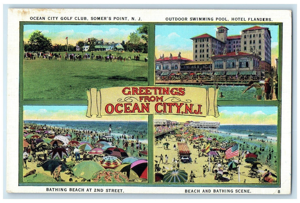 1936 Greetings From Ocean City New Jersey NJ Posted Bathing Beach Hotel Postcard