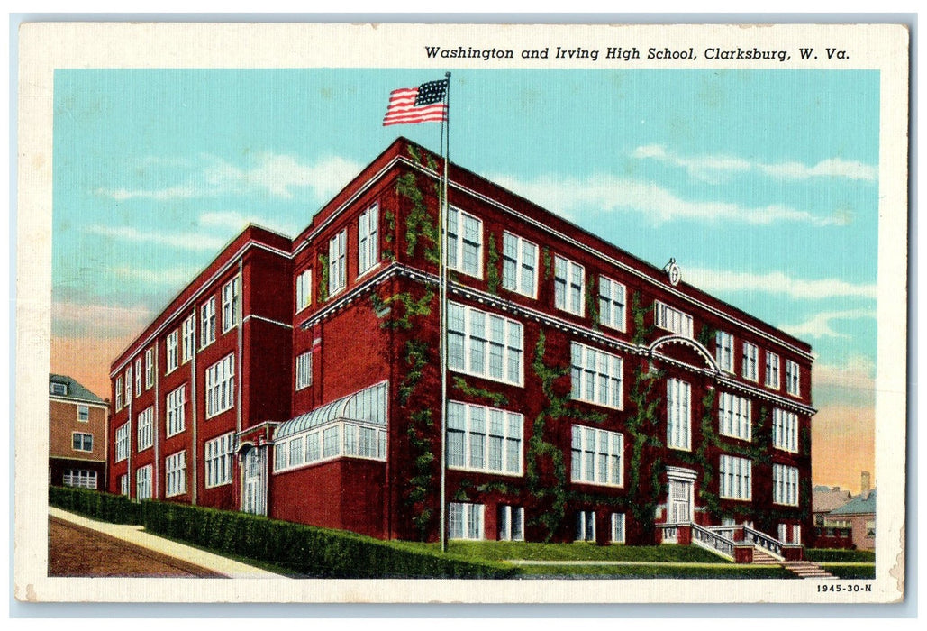 c1940s Washington And Irving High School Clarksburg West VA Unposted Postcard