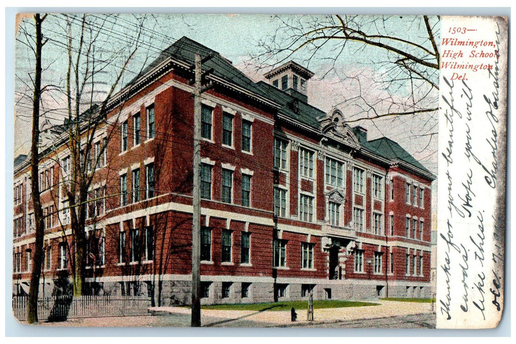 1906 Wilmington High School Exterior Roadside Wilmington Delaware DE Postcard