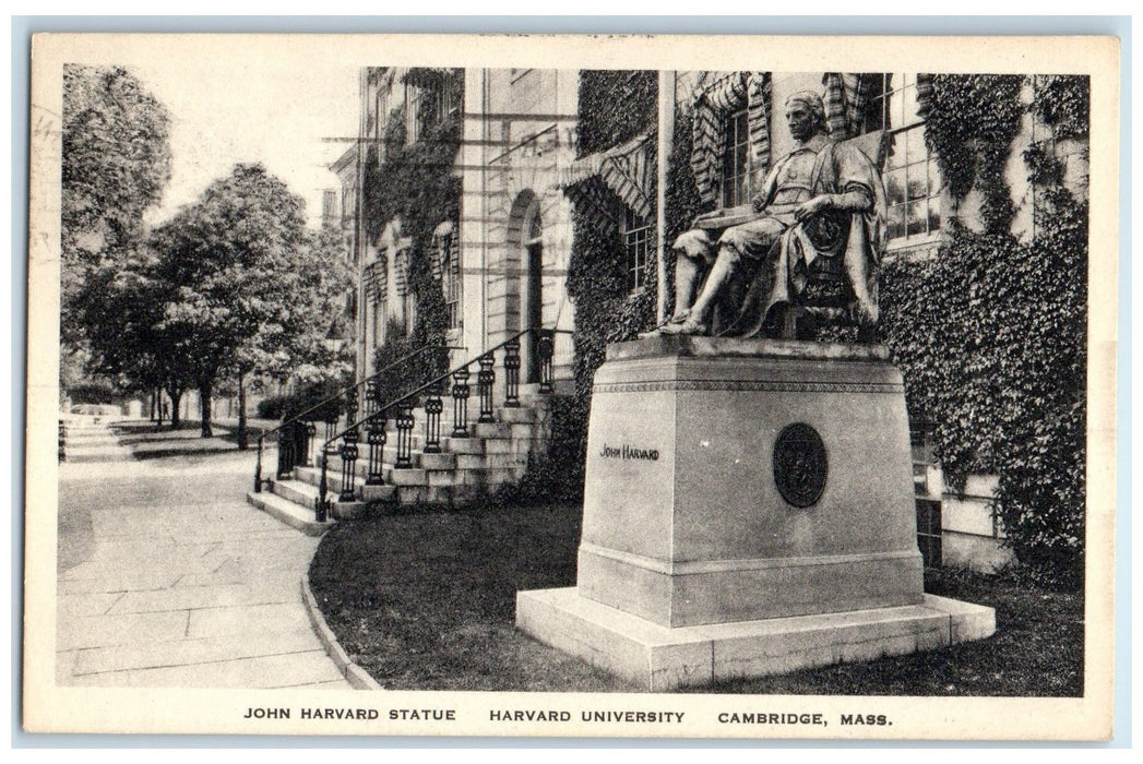 1935 John Harvard Statue Harvard University Cambridge MA Posted Stairs Postcard