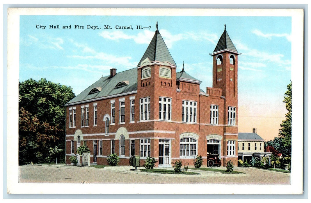 c1940's City Hall And Fire Department Mt. Carmel Illinois IL Unposted Postcard