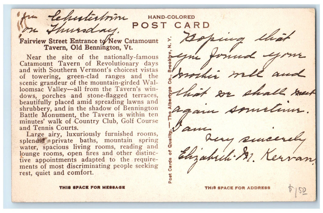 c1940's Fairview Street Entrance New Catamount Tavern Old Bennington VT Postcard