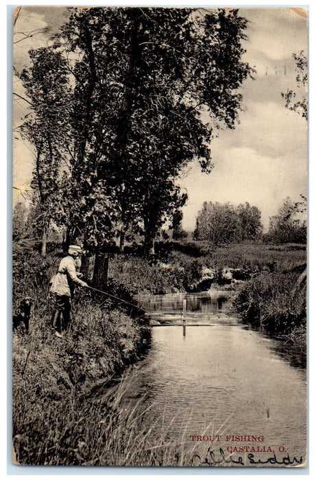 1907 Man's Trout Fishing Scene River Castalia Ohio OH Unposted Vintage Postcard