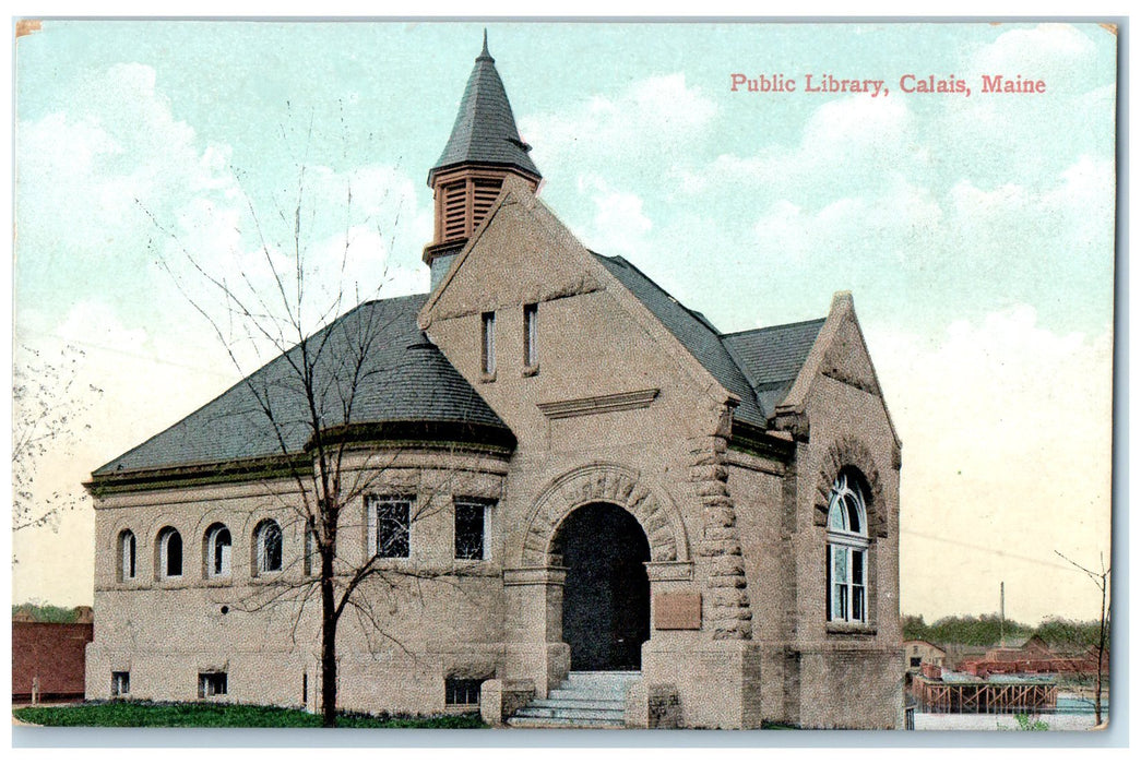 c1910's Public Library Exterior Roadside Calais Maine ME Unposted Trees Postcard