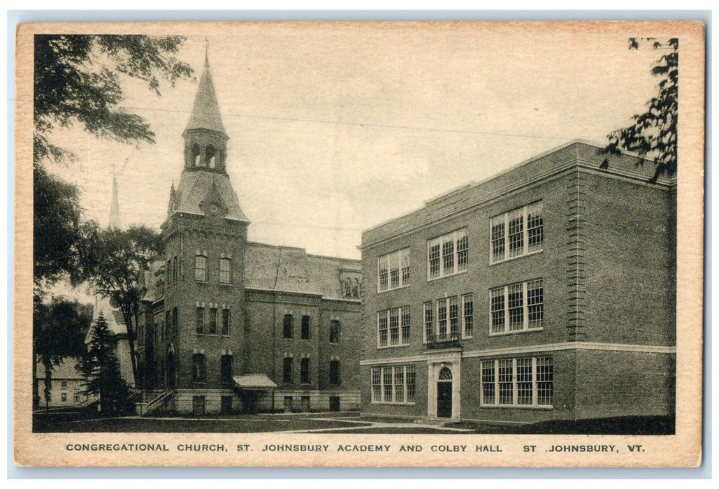 1937 Congregational Church Academy And Colby Hall St. Johnsbury VT Tree Postcard