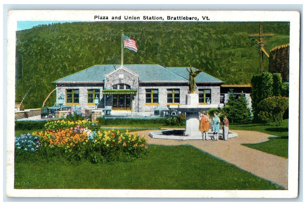 1937 Plaza And Union Station Monument Brattleboro Vermont VT Posted Postcard