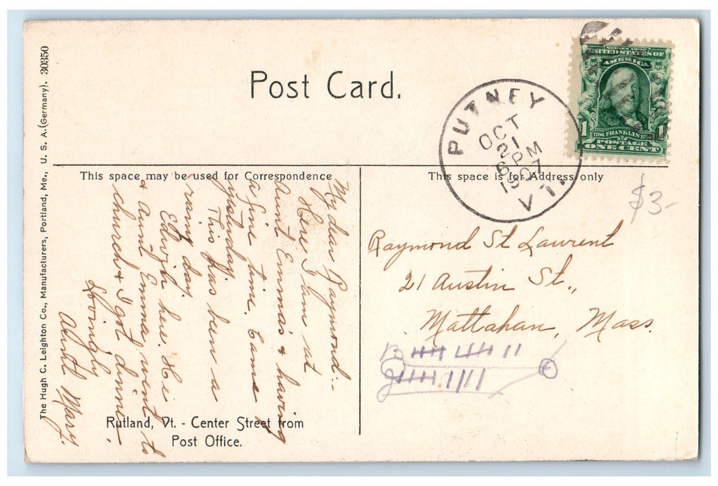 1907 Center Street From Post Office Rutland Vermont VT Posted Trees Postcard