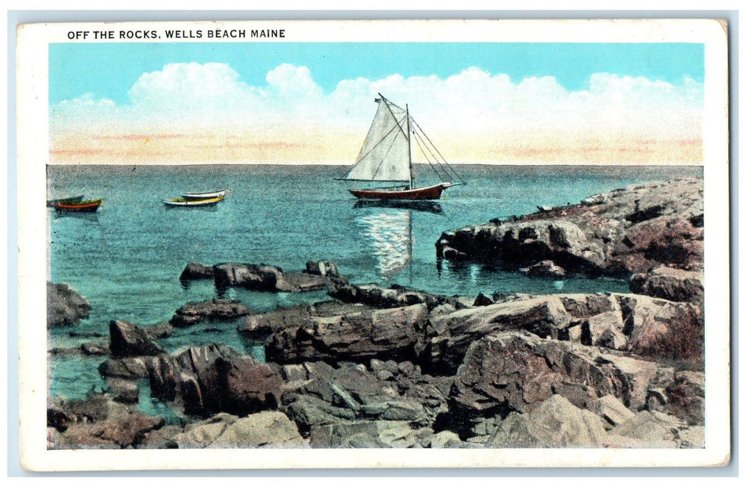 1934 Off The Rocks Sailboats Rocky Shore Wells Beach Maine ME Posted Postcard