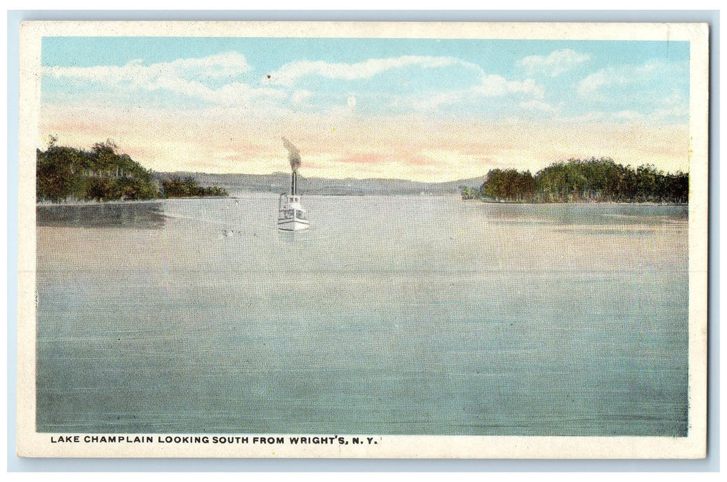 c1920 Lake Chaplain Looking South Steam Boat From Wright's New York NY Postcard