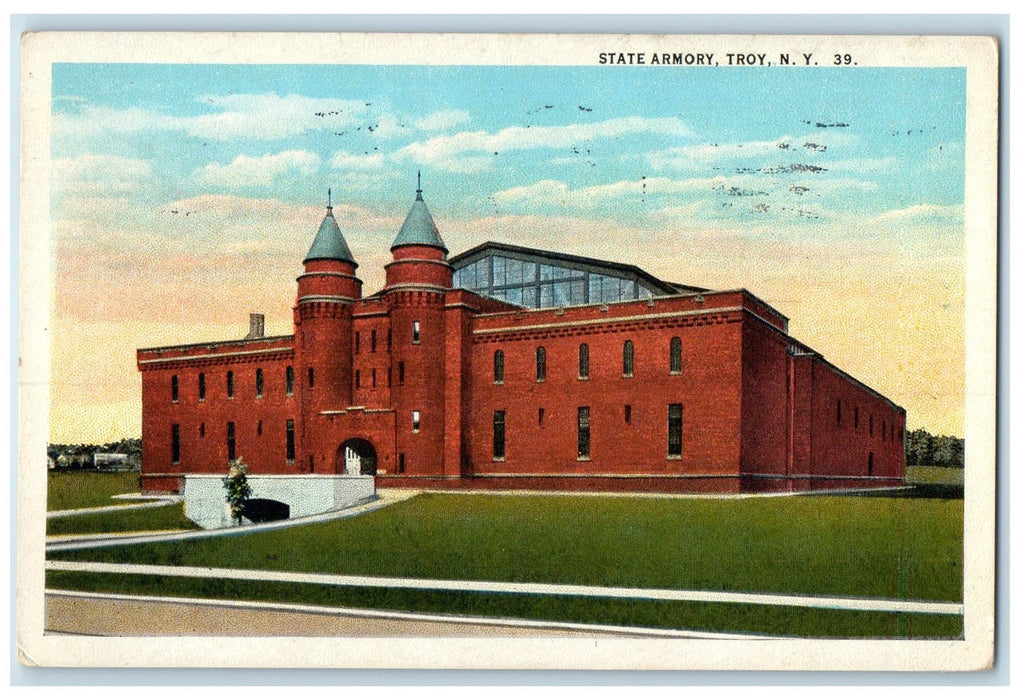 1931 State Armory Building Tower Entrance Roadside Troy New York NY Postcard